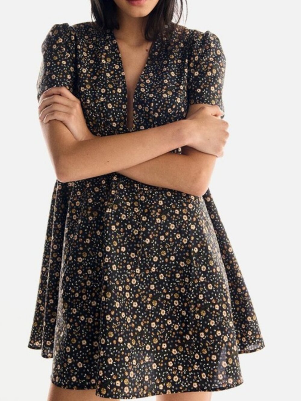 Divided by H&M V-neck cotton poplin floral mini dress black beige women's size M
